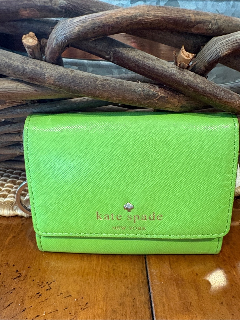 kate spade bright lime green compact wallet with gold logo